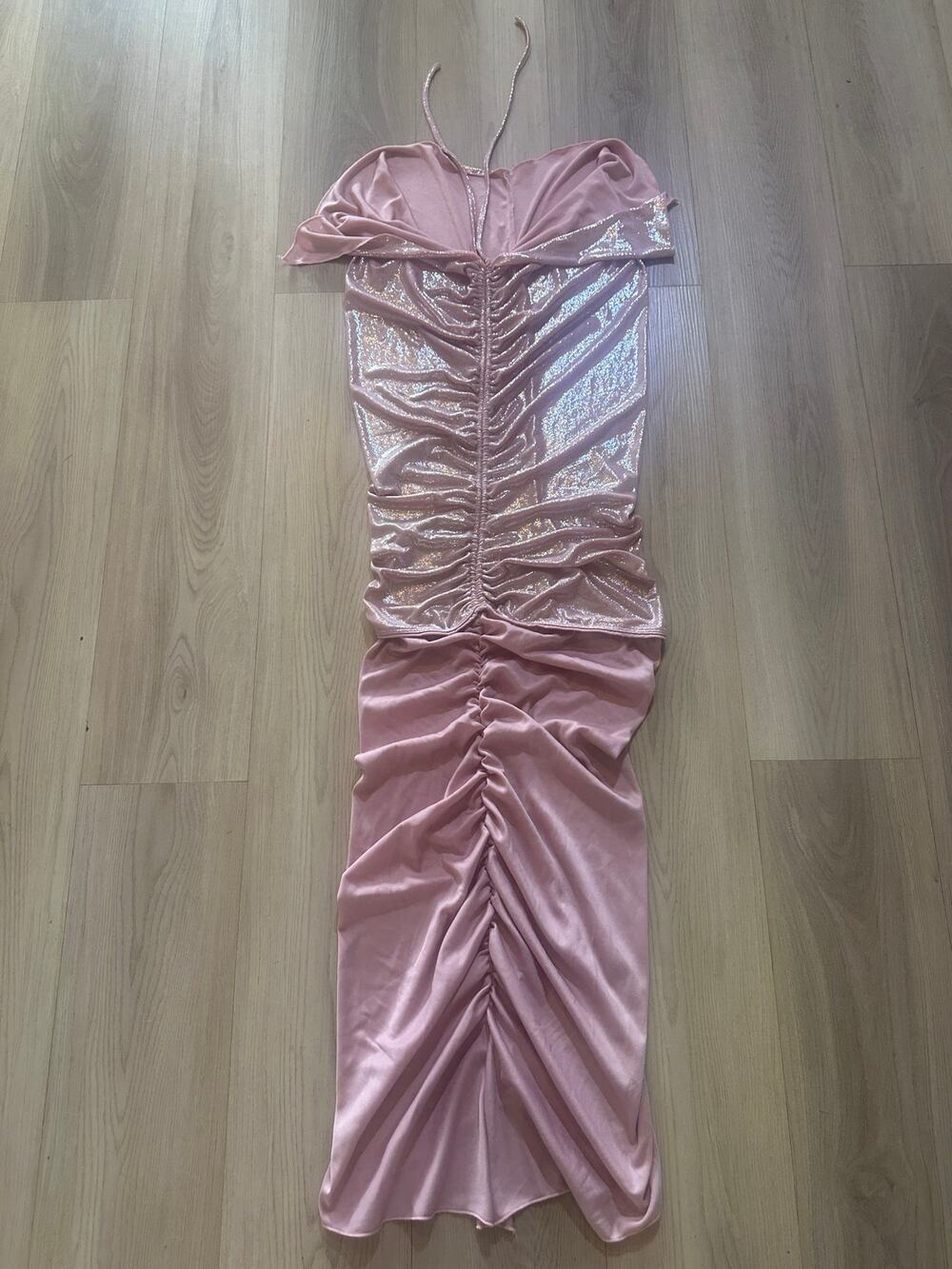 SHEIN Pink Metallic Shimmer Ruched Maxi Dress Halter Neck Bodycon Prom Small